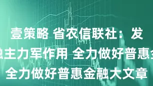 壹策略 省农信联社：发挥农村金融主力军作用 全力做好普惠金融大文章